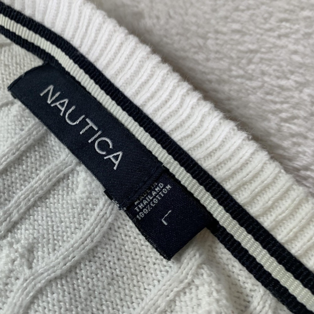 Nautica Sweater Mens Large White Cable Knit Crewneck Cotton Pullover Casual‎ - Picture 4 of 10